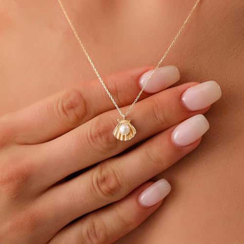 14K Real Gold Shell Pearl Necklace, Minimalist Gold Shell Pendant, Dainty initial Pearl Necklace2