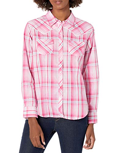ELY CATTLEMAN Women's Long Sleeve Lurex Plaid Western Shirt, Pink, XL