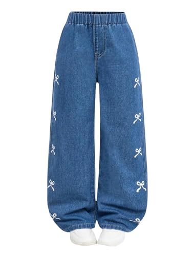 Girls Jeans with White Bow Wide Leg High Waisted Elastic Denim Pants Cute Casual Preppy School Outfit 8-12Y