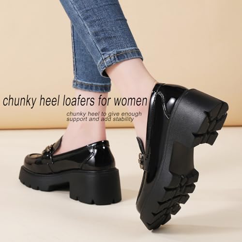 Image of Platform Loafers for Women Comfort Womens Loafers Chunky Heel Penny Loafer Heels Business Casual Comfortable Dressy Slip Ons Work Office Women's Shoes