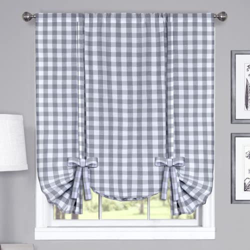 ACHIM Buffalo Check Tieup Window Curtain - 42 Inch Width, 63 Inch Length - Grey & White Plaid - Light Filtering Farmhouse Country Drapes for Bedroom Living & Dining Room Home Decor