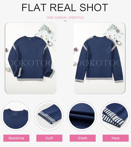 Image of Dokotoo Sweaters for Women Fashion Solid Crewneck Loose Fit Long Sleeve Contrast Cable Knit Pullover Sweater Jumper Tops