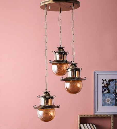 Image of GreyWings Antique Brass Triple Hanging Light for Ceiling, 3 Pendant Lamps for Home Decor, Metal & Glass Chandelier, Indoor Vintage Light, (Bulb Not Included) 3LP Set
