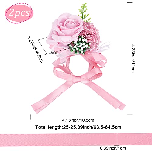 CRASPIRE 2PCS Wedding Wrist Flower Pink Artificial Floral Wrist Corsage Bridal Rose Leaf Silk Ribbon Hand Flowers for Bride and Bridesmaid Festival Prom Engagement Ceremony - Image 2