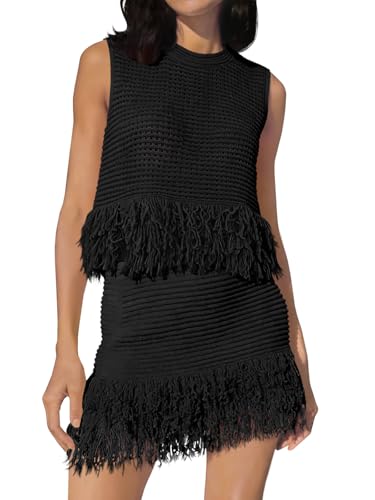 Fisoew Womens 2 Piece Crochet Outfits Sleeveless Knit Sweater Tops Fringe Skirts Summer Vacation Sets Beach Cover Ups