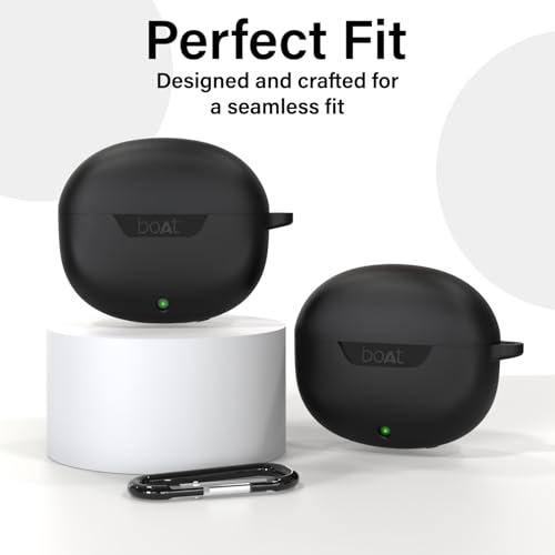 Image of Sounce Earphone Case Cover for Boat Airdopes 300 Premium TWS Soft Silicone Skin Case Cover Shock Absorbing Protective Case with Keychain [Front LED Visible] - Black