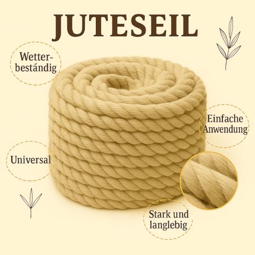 Abio Juteseil 20mm 5m Kordel Jutekordel Deko Dekoration für Haus & Garten DIY Verpackung Schnur Paketschnur Basteln Geschenkverpackung Floristik