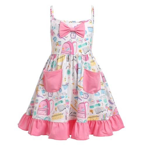 Girl Back to School Dress Apple Pencil School Bag Rainbow Book First Day of School Picture Day Outfits with Pocket