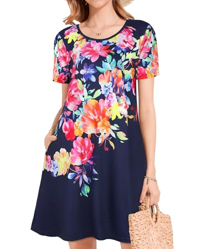 Image of Womens Summer Dresses Beach Casual Loose Tshirt Floral Short Sleeve Flowy Pockets Sundresses 2026