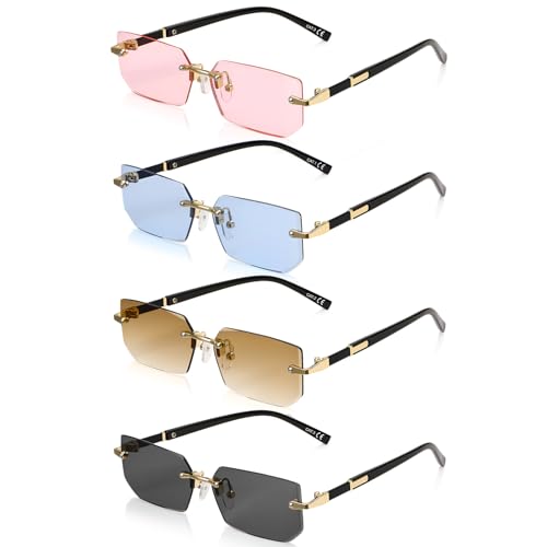 Utensilsto 4 Stück Rahmenlose Rechteck Sonnenbrille Vintage Retro Rave Brillen für Damen Herren Quadratische Gläsern Getönte Sonnenbrille Klassische