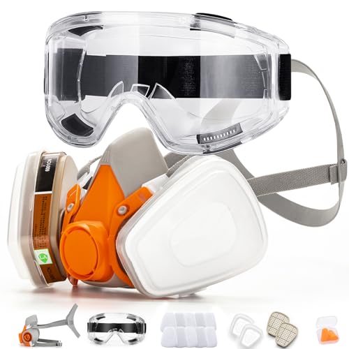 RANKSING Respirator Mask with Filters and Safety Glasses to Against Dust Gases Fumes Asbestos Chemicals while Painting Spraying Sanding Welding Construct and Work PPE 6200 Orange Medium