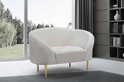 Image of Rosewood Luxury Curved Sofa in Premium Velvet-Fabric | Solid Wood Structure | High Density Foam | Sturdy Golden Legs | Comfortable & Stylish Couch for Modern Living Room (Cream, 1 Seater)