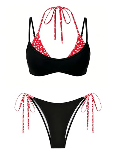 Image of ZAFUL Women's Polka Dot Bikini Set Double Layer Halter Swimsuit Colorblock Side Tie 2 Piece Bathing Suit