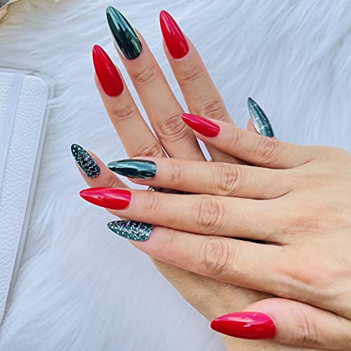 Nonmol Christmas Medium Length Almond Press on Nails with Designs ，24 Pcs Tapered Stiletto Fake Full Cover Artificial False Glue for Women Girls Salon DIY Nail Art (STYLE-13)