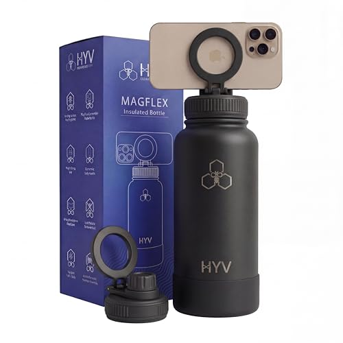 Image of HYV MagFlex Insulated Water Bottle 1 Litre | Tripod with Magnetic Lid | Stainless Steel Sipper Bottle for Adults & Kids | Hot & Cold Flask for Gym, Office, Travel | Leakproof | Midnight Black