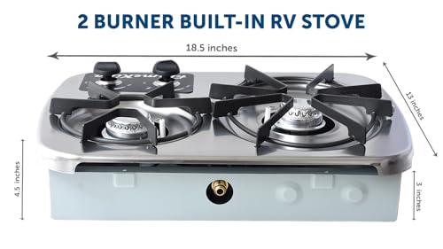 Image of Flame King YSNHT600 2-Burner Built-in RV Cooktop Propane Stove, 7200 and 5200 BTU Burners, Self-Igniting, Cover Included, Silver, 18.5 inch x 13 inch x 4.5 inch