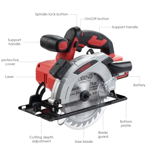 Image of TEENO Cordless laser circular saw 4000 RPM with electric brake, 2X2.0 AH batteries, 2X165mm blades, adjustable depth and cutting angle up to 38mm (45), 54mm (90).