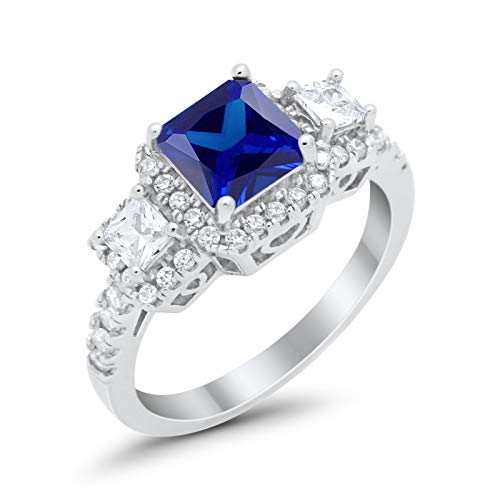 Three Stone Princess Cut Wedding Engagement Promise Ring Simulated Blue Sapphire Cubic Zirconia 925 Sterling Silver Size-11