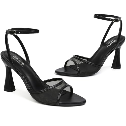 Image of Susanny High Heels for Women Pointed Open Toe Strappy Chunky Block Heels Ankle Strap Stiletto Kitten Heeled Sandals Wedding Bridal Party Prom Sexy Dress Shoes