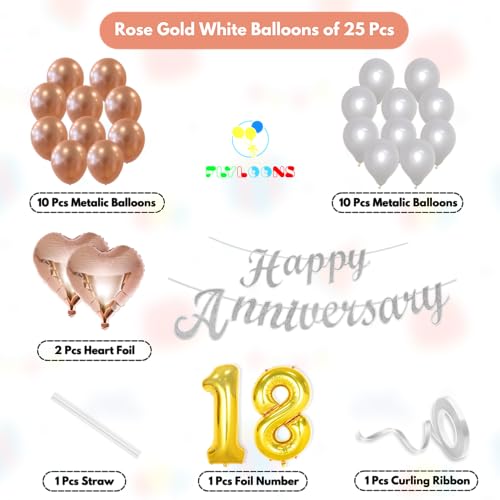 Image of Flyloons 18th Happy Anniversary Decoration Items Rose Gold White for Men Women Husband Wife Mom Dad Parent Couple Home Bedroom Car With 20 Pcs Metallic Balloons Anniversary Banner 2 Pcs Heart Set Kit