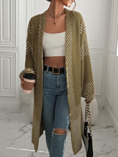 Image of chouyatou Women's Color Block Striped Fuzzy Long Cardigan Sweaters Open Front Diagonal Stripe Knit Cardigan Jacket Coat