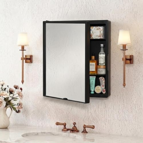 Image of CIPLA PLAST Plastic New Rich Look Bathroom Organizer Cabinet | Mirror with Shelf | 4 Shelves Storage Organizer | Wall Mounted Cabinet | for Home /Kitchen /Toilet (Brc-931) (Black)