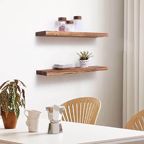 Floating Shelves - Natural Rustic Wooden Wall Shelf Set Of 2- 24 Inch Handcrafted European Pine Storage Shelf Display Shelf For Kitchen Bathroom Living Room Bedroom Farmhouse - Light Walnut #TOP1