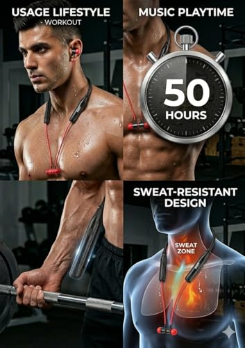 Image of KDM A2 Easy Bluetooth 5.4 Neckband Earphones, 50 Hours Playback, Type-C Charging, IPX4 Waterproof, Gaming Mode, Red