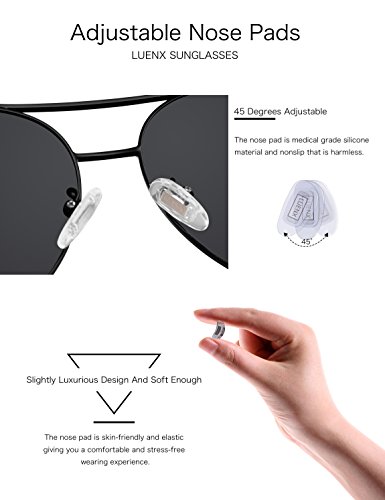 LUENX Aviator Sunglasses Mens Women Polarized Black Lens Black Metal Frame Dark 60mm with Case - UV400