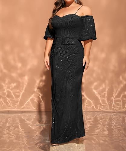 Image of Women's Plus Size Off The Shoulder Puff Sleeve Dress Sequin Formal Maxi Evening Cocktail Party Gowns