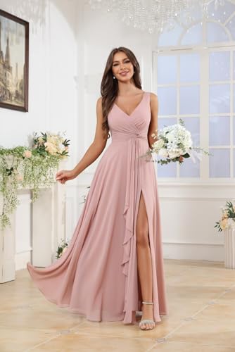 Women's V Neck Chiffon Bridesmaid Dresses with Slit Ruffle Long Pleated Formal Wedding Guest Dress2