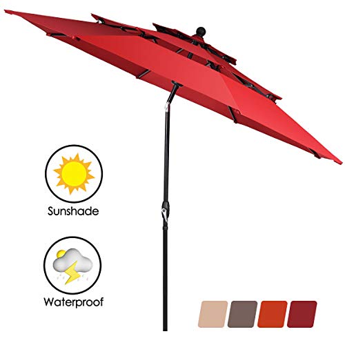 Tangkula 10 Ft 3 Tier Auto Tilt Patio Umbrella Outdoor Umbrella W Double Vented Market Table Tilt Umbrella
