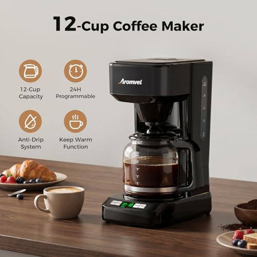 Image of 12 Cup Programmable Coffee Maker, 24-Hour Delay Brew, Drip Coffee | Large 1.8L Water Tank, Drip Coffee Machine with Glass Carafe & Reusable Filter, Measuring Spoon, 4-Hour Auto Keep Warm,Black