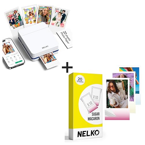 Nelko Photo Printer, PP01 Color Mini Photo Printer, Instant Smartphone Inkjet Sticker Printer for iOS & Android, Sticky-Back Photos, Picture Printer with 20 Sheets Sugar Macaron Photo Paper,