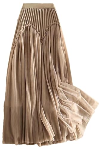 Women's Spring Summer Lace Spliced Mesh Skirt Casual High Waist A-Line Skirts