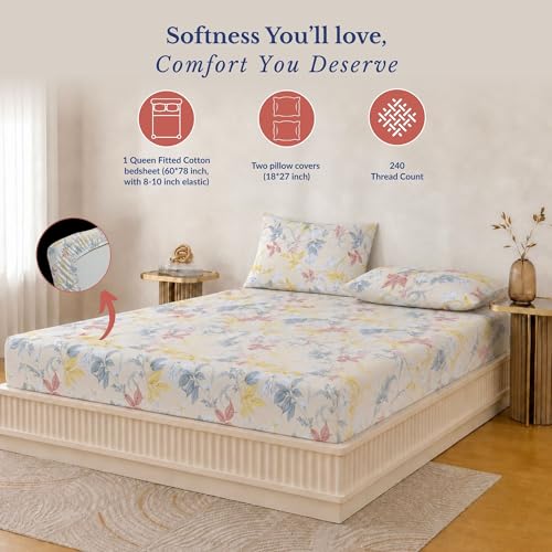 Image of Jaipur Weaves Queen Size Fitted Bedsheet Cotton with Elastic, 100% Pure Cotton Double Bed Fitted Sheet with 2 Pillow Covers, 240 TC, 60x78 Inches up to 8-inch Mattress, Floral Design - (Orange Floral)