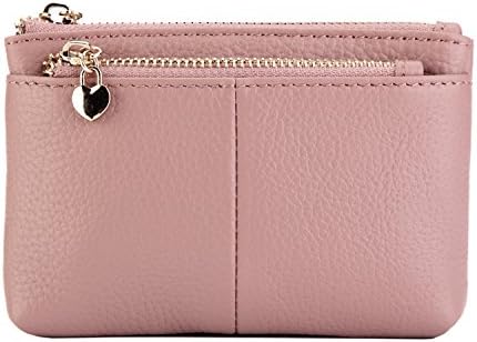 ZOOEASS Coin Purse Women Genuine Leather Zip Mini Purse With Key Ring Triple Zipper Card Holder Wallet (Pink)