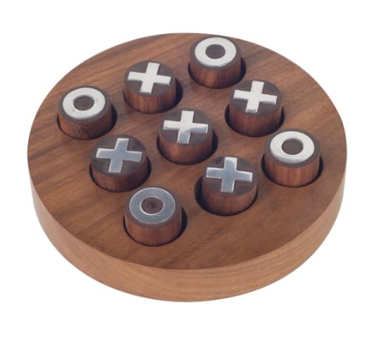 Morpion-Spiel Tic Tac Toe rund aus Holz - Dekoratives Gesellschaftsspiel mit Spielsteinen X und O - 15 cm