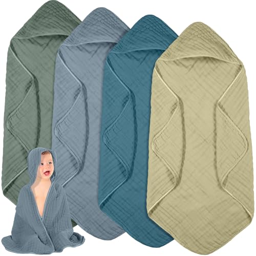 Image of Peryiter 6 Pcs Muslin Hooded Baby Towels 32 x 32 Inch Cotton Newborn Bath Essentials Muslin Infant Blankets Absorbent Registry Gifts for Girl Boy Kids Baby Shower (Green Series)