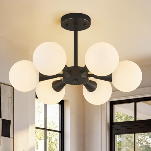 Image of Modern Ceiling Light with Milk White Glass lampshade Black Semi Flush Mount Ceiling Light Fixture Sputnik Chandelier for Bedroom Living Room Dining Room Foyer Hallway(6-Lights)