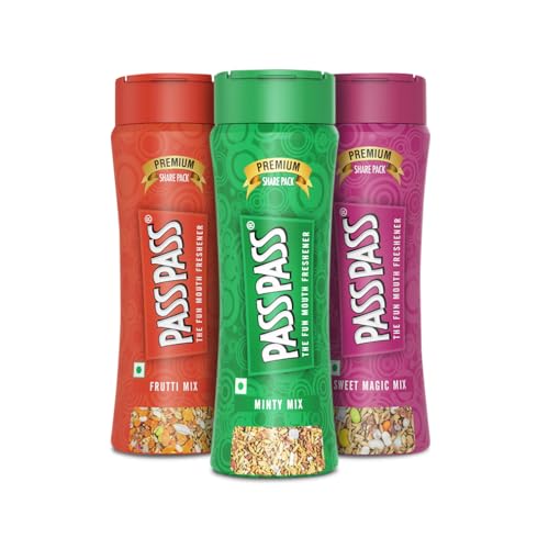 Image of Pass Pass Assorted Mouth Freshener Combo | Frutti Mix, Minty Mix, Sweet Magic Mix | Digestive, High in Fiber & Antioxidants | For Fresh Breath | Pack of 3-330g