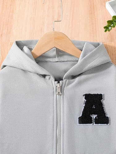 Image of OYOANGLE Girl's 3 Piece Outfits Letter Print Long Sleeve Zip Up Hoodie and Cami Top with Flared Pants Set Grey 10Y