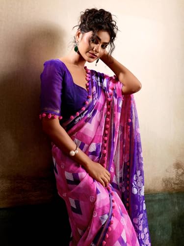 Image of AKHILAM Women's Cotton Printed Saree With Unstitched Blouse Piece