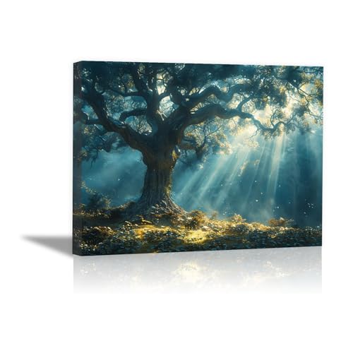  WQBQKKX Quadro Con Foresta Albero della Vita Quadro Su Tela,Blu, grigio Quadri Arredamento Arte Classica Arredo Per Cucina Decorazione-50x70cm Incorniciato