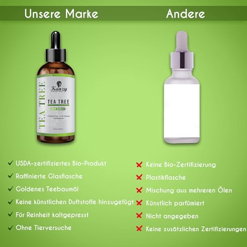 Kanzy Teebaumöl Naturrein 60ml mit Pipette Kaltgepresst Tea Tree Oil für Gesicht, Haut, und Nagel Anti Pickel, Haaröl, Akne Öl, Acne Serum gegen Unreine Haut, Öle für Diffuser
