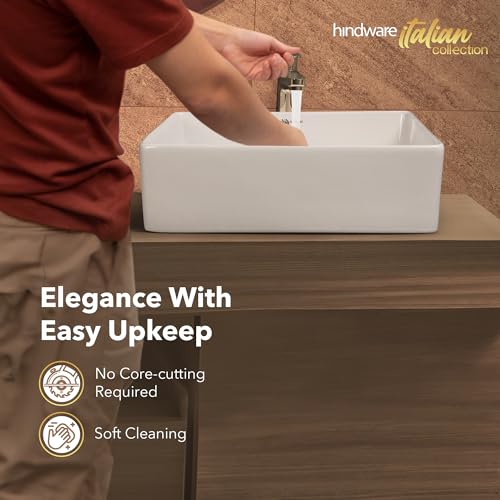 Image of Hindware Italian Collection Magro-S Table Top Wash Basin for Bathroom | Made of Ceramic | Star White | Square Shape | Over the Counter Basin