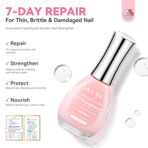 Image of SAVILAND Nail Strengthener: 7-Day Repair Pink Air Dry Natural Concealer Foundation Polish Nail Growth for Damaged Nails Repair Weak & Thin Nails with Castor Oil & Vitamin E 15ml Women Gift