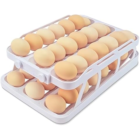 HAHOME Egg Holder for Fridge, Egg Dispenser for Refrigerator, Automatic Egg Rolling Holder with Date Record, 3 Rows Rolling Egg Storage with 2 Tier Space Saving Egg Organizer Tray, White Cover