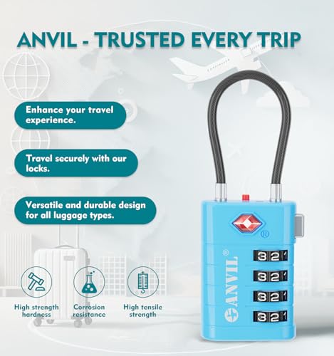 ANVIL 4 Digit Luggage Locks, TSA Locks for Luggage, Advanced TSA008 core, Alert Indicator for Your Travel Lock, Suitcase Lock. (2, Blue) - Image 5