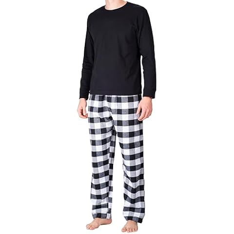 SLEEPHERO Men's Pajama Set Sleepwear Pjs Lightweight Long Sleeve Crewneck Shirts and Fleece Bottoms Soft Comfy Sleep Sets Black with Black & White Buffalo Check Medium Cover